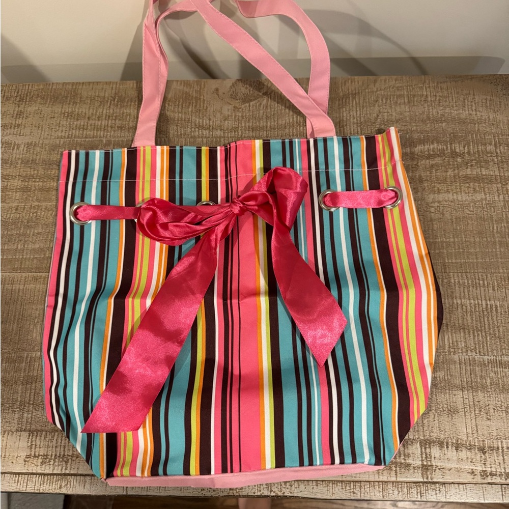 Colorful Striped Tote Bag with Pink Accents New